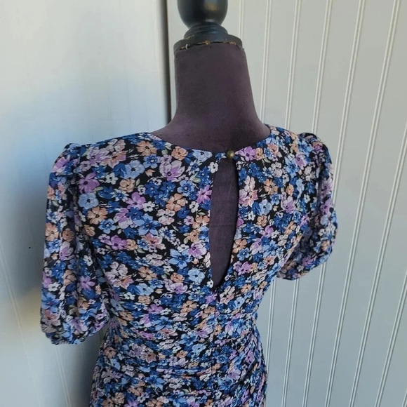 Allison & Kelly Dress Womens Blue Floral Short Slv Keyhole Mesh Rutched Ruffle M - Picture 11 of 16
